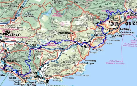 Carte routière de la région PACA, avec les autoroutes A8, E80 et des routes nationales. La gr 51 est visible.