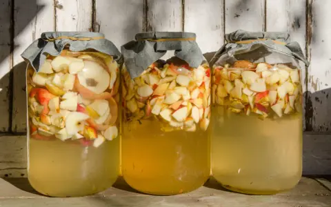 Trois bocaux remplis de pommes coupées, prêts pour la vinaigre de cidre recette de grand-mère.