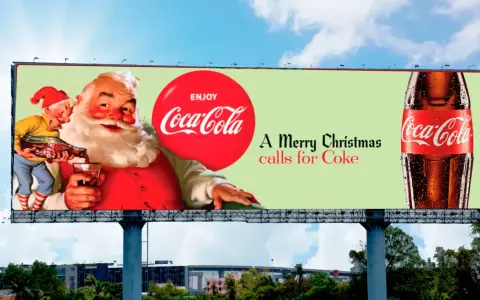 Papá Noel y un duende sirviendo Coca-Cola en un cartel publicitario. Partes de un cartel publicitario con el lema "A Merry Christmas calls for Coke".