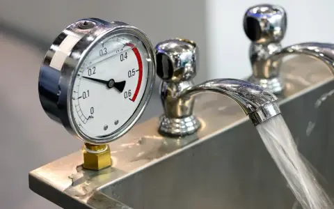 Manometro che misura la pressione acqua rubinetto. Il getto d'acqua scorre nel lavandino.