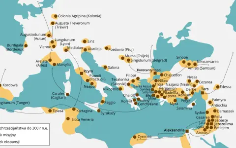 Mapa pokazuje zasięg chrześcijaństwa do 300 r. n.e. i ośrodki misyjne, ilustrując prozelityzm i ekspansję wiary.