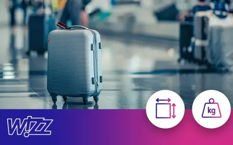 Szara walizka na lotnisku. Dowiedz się, co można spakować do bagażu podręcznego Wizzair, sprawdzając wymiary i wagę.