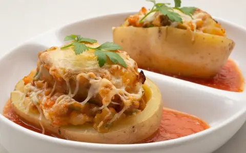 Patatas rellenas de carne de la abuela, gratinadas con queso y perejil, servidas con salsa de tomate.