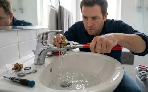 Plombier répare un robinet qui fuit dans une salle de bain. L'eau coule dans le lavabo pendant qu'il utilise une clé.