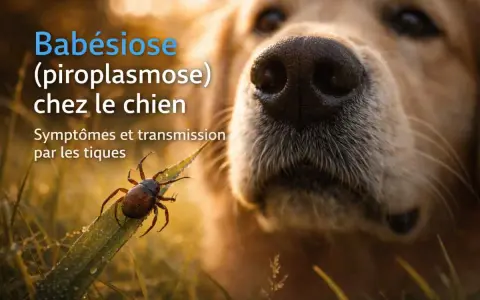 Gros plan sur le museau d'un chien, avec une tique sur une feuille. Le texte indique "Babésiose (piroplasmose) chez le chien : symptômes et transmission par les tiques".