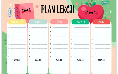 Uroczy konspekt lekcji z zabawnymi ikonami. Plan tygodnia od poniedziałku do piątku, z miejscem na 8 lekcji i notatki.