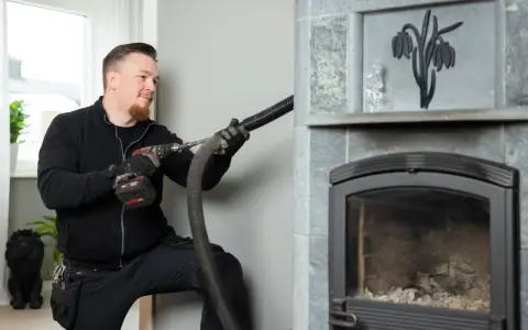 Sotare rengör en braskamin med en dammsugare. Frågar du dig "vad kostar sotning av braskamin"?