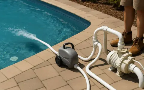 Pompe de piscine avec tuyaux et jet d'eau dans la piscine.