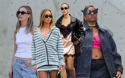 Vier Frauen im Stil der 90er Jahre: Denim-Look, Satin-Kleid mit Lederjacke, gestreifter Cardigan und Cargo-Shorts.