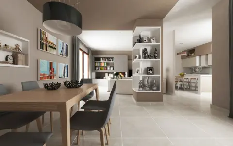Un soggiorno moderno con tavolo da pranzo, sedie grigie e scaffali bianchi. I soffitti colorati tortora creano un'atmosfera calda e accogliente.