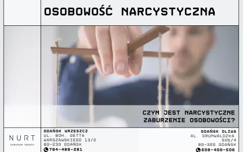 Dłoń trzyma sznurki marionetki, symbolizując kontrolę i zaburzenie osobowości.