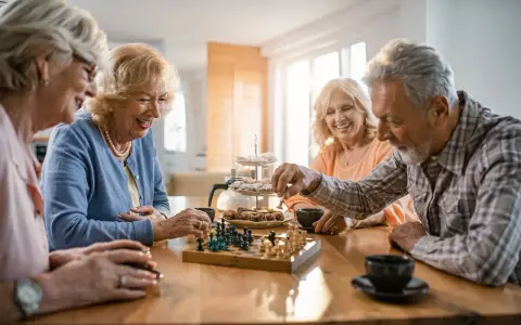 Uśmiechnięci seniorzy grają w szachy przy kawie i ciastkach. To piękny przykład, co to senior – radość życia i wspólne chwile.