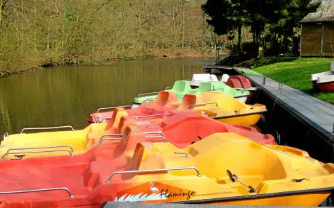 Bunte Tretboote, bereit für eine Fahrt auf dem See in Haltern.