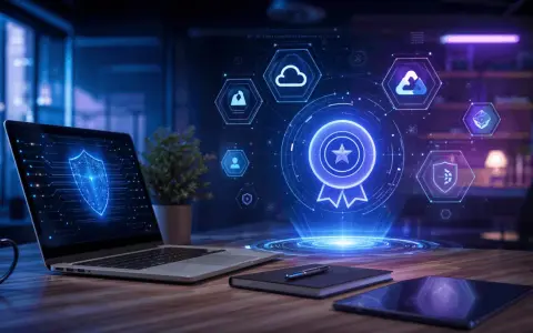Wizualizacja cyfrowych certyfikatów zawodowych, symbolizująca bezpieczeństwo i rozwój w świecie technologii.