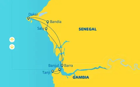 Mapa podróży po Senegalu i Gambii, Afryka Zachodnia. Trasa obejmuje Dakar, Saly, Bandię, Tanji, Banjul i Barrę.