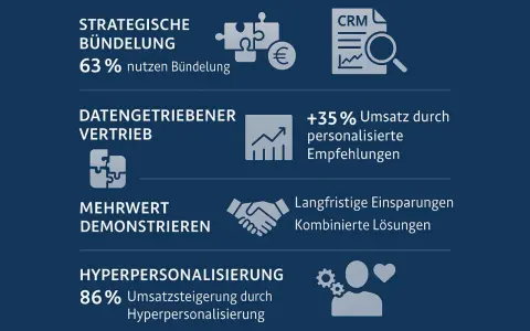 Strategische Bündelung, datengetriebener Vertrieb, Mehrwert demonstrieren, Hyperpersonalisierung. Erhöht Umsatz durch personalisierte Empfehlungen, eine Form von up selling.