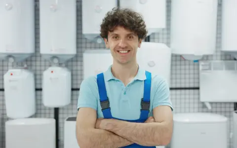 Un homme souriant en salopette bleue, entouré de chauffe-eau blancs, prêt à vous aider à choisir son chauffe eau.