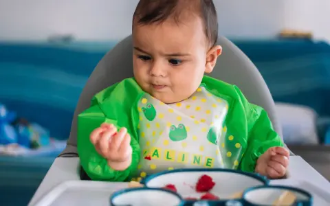 Bebé con babero verde, aprendiendo a comer con las manos. En su plato hay trozos de fruta.