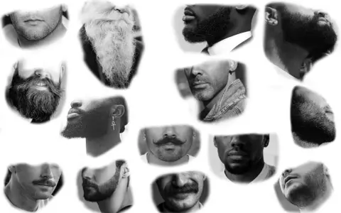 Collage de visages masculins, mettant en avant divers styles de barbe et moustaches. Un véritable catalogue de barbe dessinée.