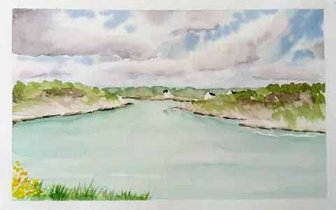 Simple dessin paysage facile couleur. Une rivière aux teintes turquoise serpente entre des rives verdoyantes sous un ciel nuageux.