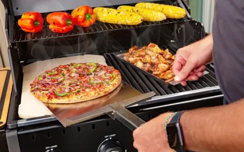 Pyszna pizza z grilla węglowego, obok kurczak i kukurydza.