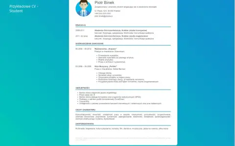 Przykładowe CV techniczne studenta Piotra Binka, zawiera dane kontaktowe, wykształcenie, doświadczenie zawodowe, umiejętności, cechy charakteru i zainteresowania.