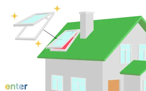 Ein Haus mit grünem Dach, ein Schornstein und ein Dachfenster werden gezeigt. Ein neues Dachfenster wird über einem alten dargestellt. Informationen zu velux dachfenster austauschen kosten sind hier relevant.