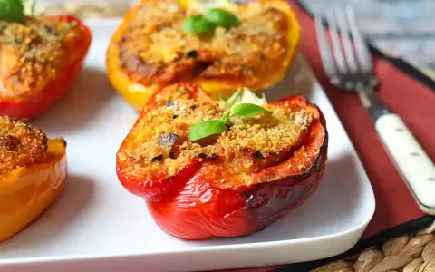 Peperoni ripieni al forno, un classico delle ricette con peperoni, serviti su un piatto bianco con una forchetta.