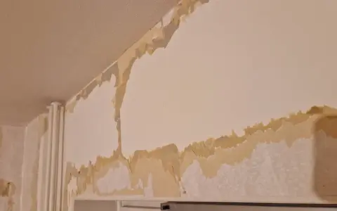 Tapeten flagnar och visar lager av gammal färg och papper. En renovering är på gång, där man förbereder för att måla på tapet.