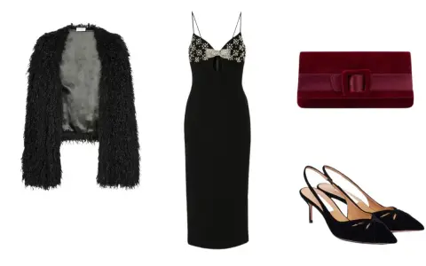 Tubino nero con dettagli gioiello, pochette bordeaux e scarpe basse eleganti. Un outfit perfetto per una serata speciale.