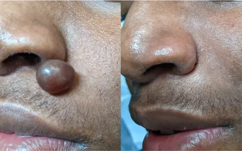 Gros plan sur le nez d'une personne, montrant une excroissance de chair ronde et lisse sur le côté, à côté d'une image du même nez sans l'excroissance.