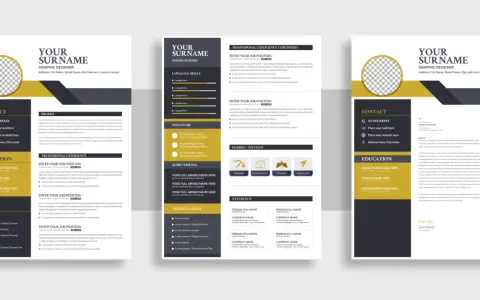 Szablony CV z sekcjami: dane kontaktowe, profil, wykształcenie, doświadczenie, umiejętności, zainteresowania.