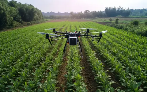 A drone hovers over a lush green field, a silent guardian agriculture, monitoring crops.