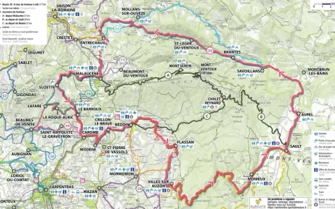 Carte du tour du Mont Ventoux à vélo, avec les villages, routes et dénivelés.