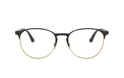 Eleganckie okulary korekcyjne Ray-Ban z czarnymi oprawkami i złotym wykończeniem. Jedne z dobrych marek okularów korekcyjnych.