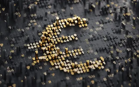 Złoty symbol euro wyrasta z cyfrowego krajobrazu liczb, symbolizując potęgę pieniądza cyfrowego.