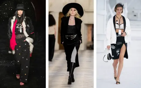 Moda Coco Chanel: tre modelle sfilano con abiti iconici. Pelliccia, cappelli e perle definiscono lo stile.