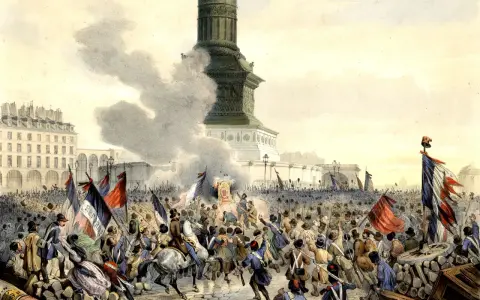 Foule en liesse devant la colonne, drapeaux tricolores flottant, une révolution en marche. On entendrait presque les discours enflammés de Ledru-Rollin.
