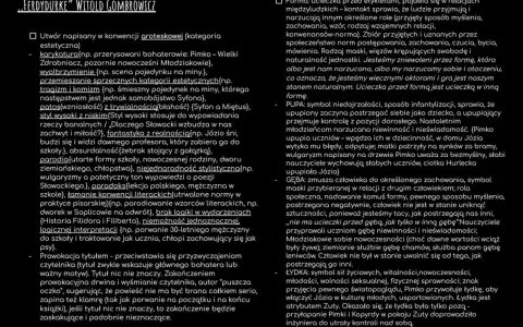 Fragment tekstu z nagłówkiem "FERDYDURKE" WITOLD GOMBROWICZ i wypunktowanymi cechami groteski.