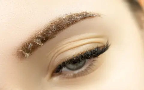 Gros plan sur un sourcil en cours de guérison après un maquillage permanent, montrant des croûtes et des poils. Soins après maquillage permanent sourcils.