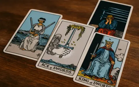 Cartas de tarot: el Rey de Espadas, el As de Espadas y el 9 de espadas, con una figura afligida al fondo.