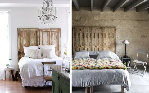Idées créatives : que faire avec des vieux volets en bois pour une tête de lit rustique et charmante.