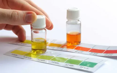 Mano sosteniendo un vial con líquido amarillo sobre tiras de prueba de color para saber la dureza del agua de mi zona. Otro vial con líquido naranja al lado.