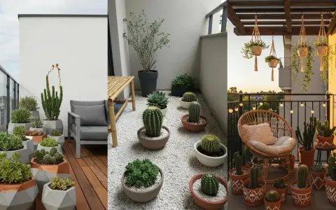 Balcones llenos de vida con jardineras con cactus y suculentas, creando oasis verdes y modernos.