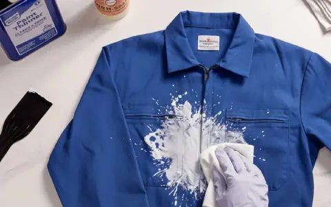 Une main gantée essaie de nettoyer peinture acrylique sèche sur une veste bleue avec un chiffon. Un grattoir et un produit sont à proximité.