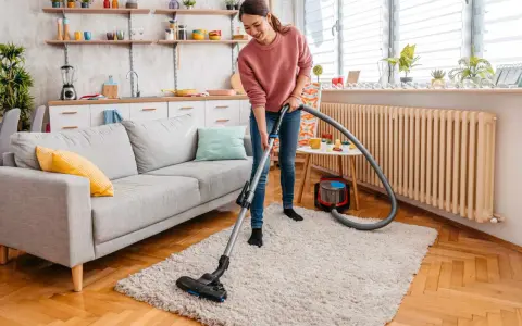 A woman vacuums a fluffy rug, demonstrating how to clean a rug for a fresh, tidy living room.