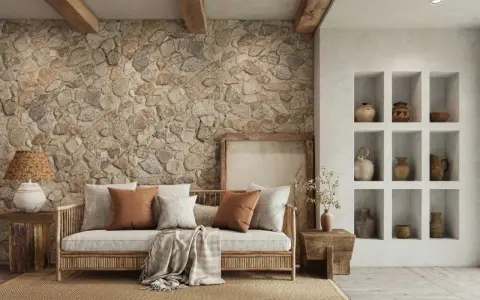 Sofá de madera con cojines y manta, junto a una pared con acabado rústico de piedra y vigas de madera.