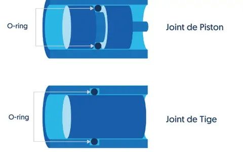 Schémas illustrant un joint torique souple utilisé comme joint de piston et joint de tige dans des cylindres bleus.