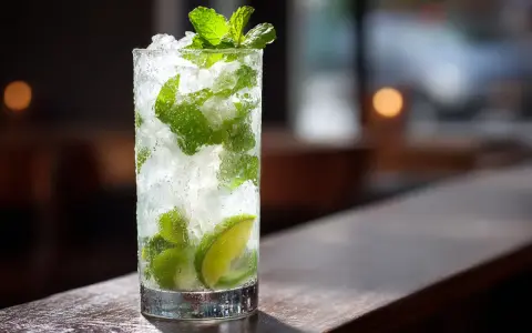 Ett glas med is, mynta och lime, perfekt för ett uppfriskande mojito recept.