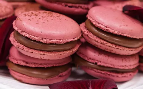 Macarons roses à la ganache chocolat, parfaits pour une recette ganache framboise macaron. Pétales de rose sombres ajoutent une touche élégante.